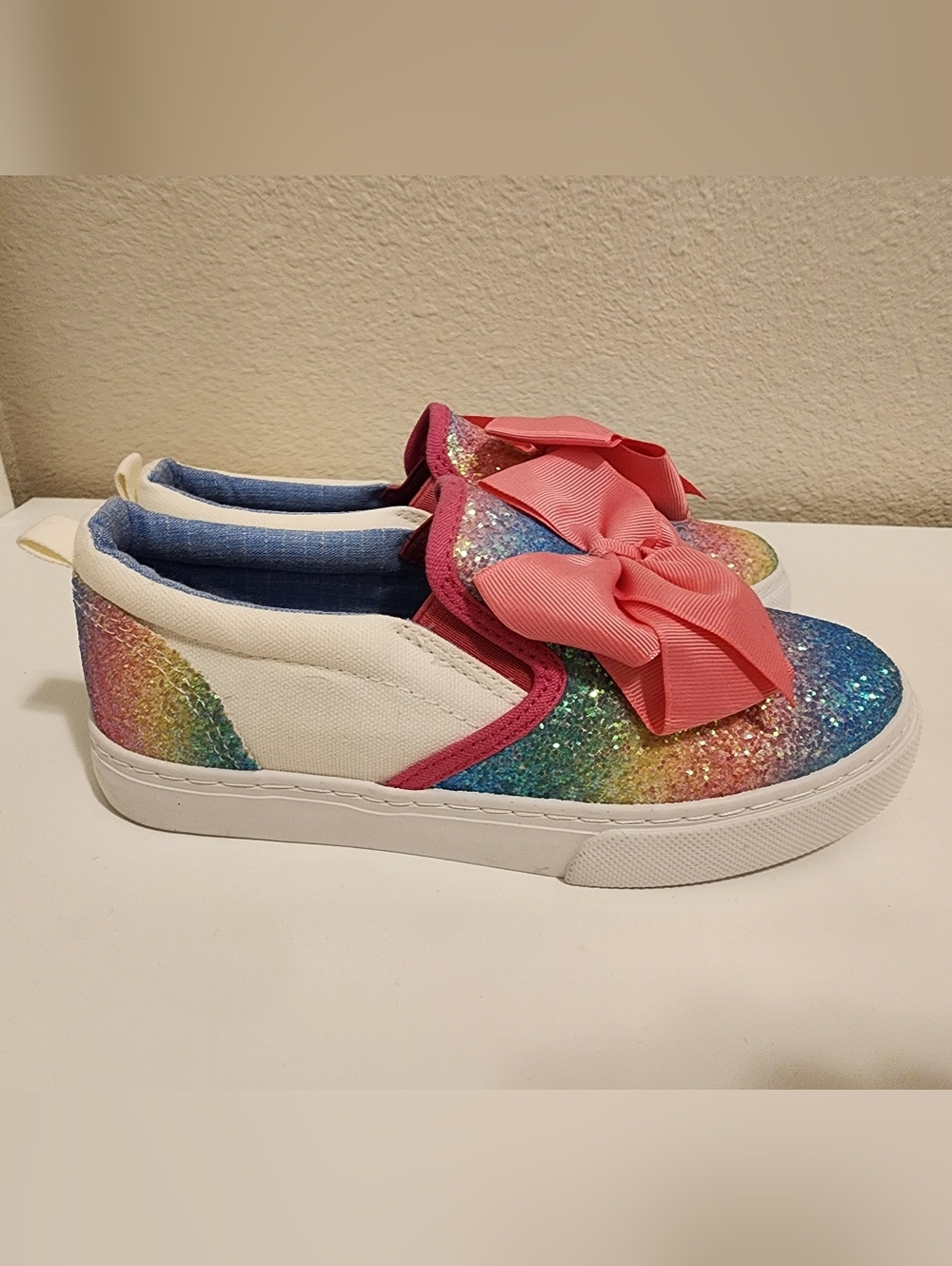 JoJo Siwa Girls Rainbow Glitter Slip-On Sneakers w/ Pink Bow - Size 3 - NWOT/BOX